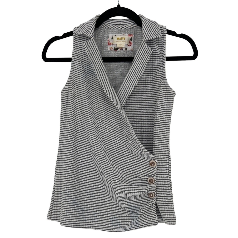Maeve Anthropologie Wrap Vest Top Black‎ White Seersucker Button Front XXS EUC